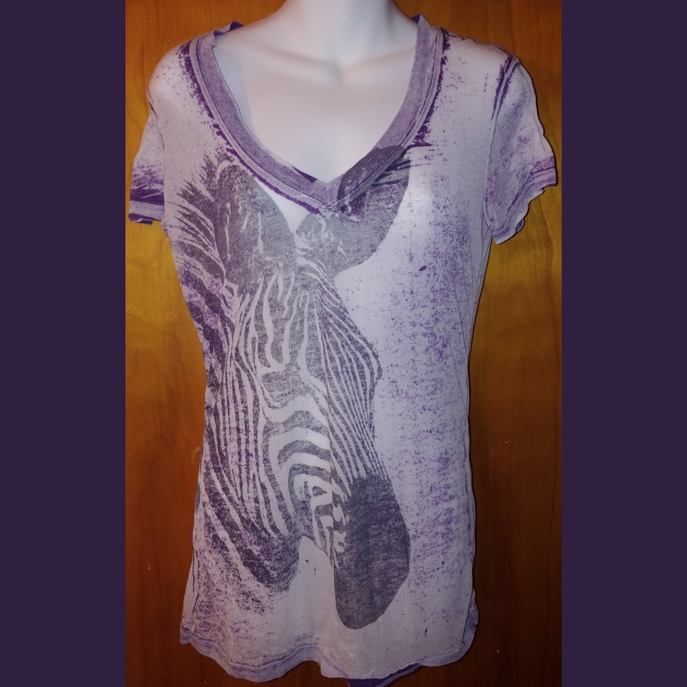 FRZ sheer, stretchy, purple zebra short sleeve shirt Y2K